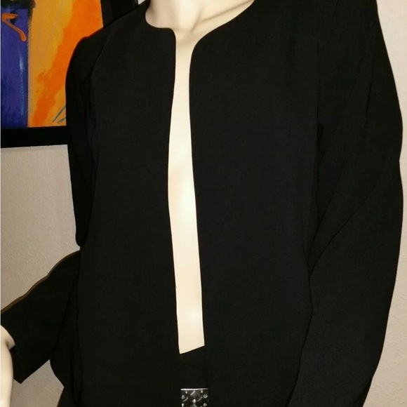 EILEEN FISHER 6P  BLACK TROPICAL SUITING WITH ECO POLY RNDNK STRGHT JKT  $358 - Picture 2 of 12